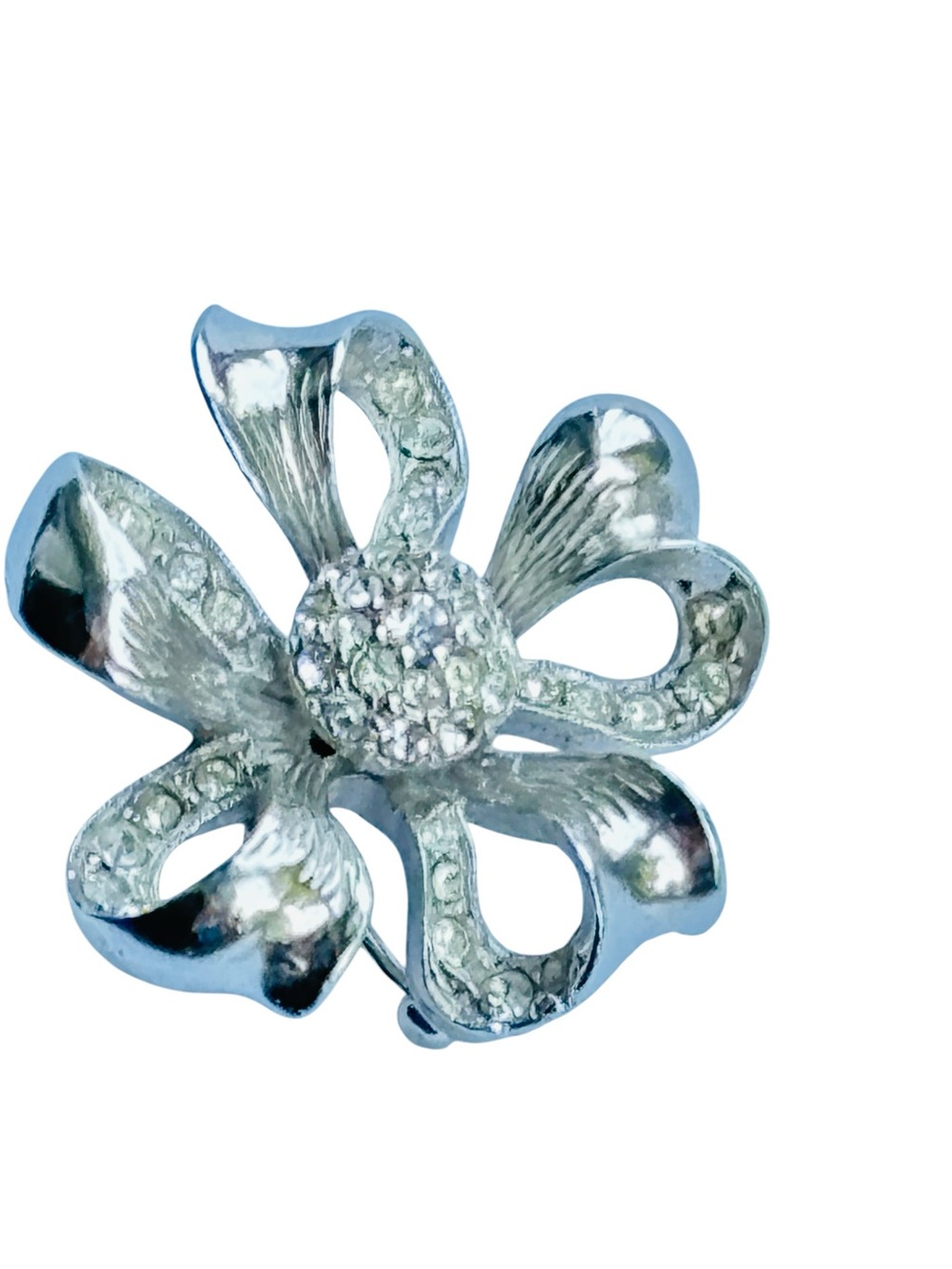 Boucher Signed Vintage 1950s Rhinestone Ribbon Bow Brooch Silver Tone 1.5”